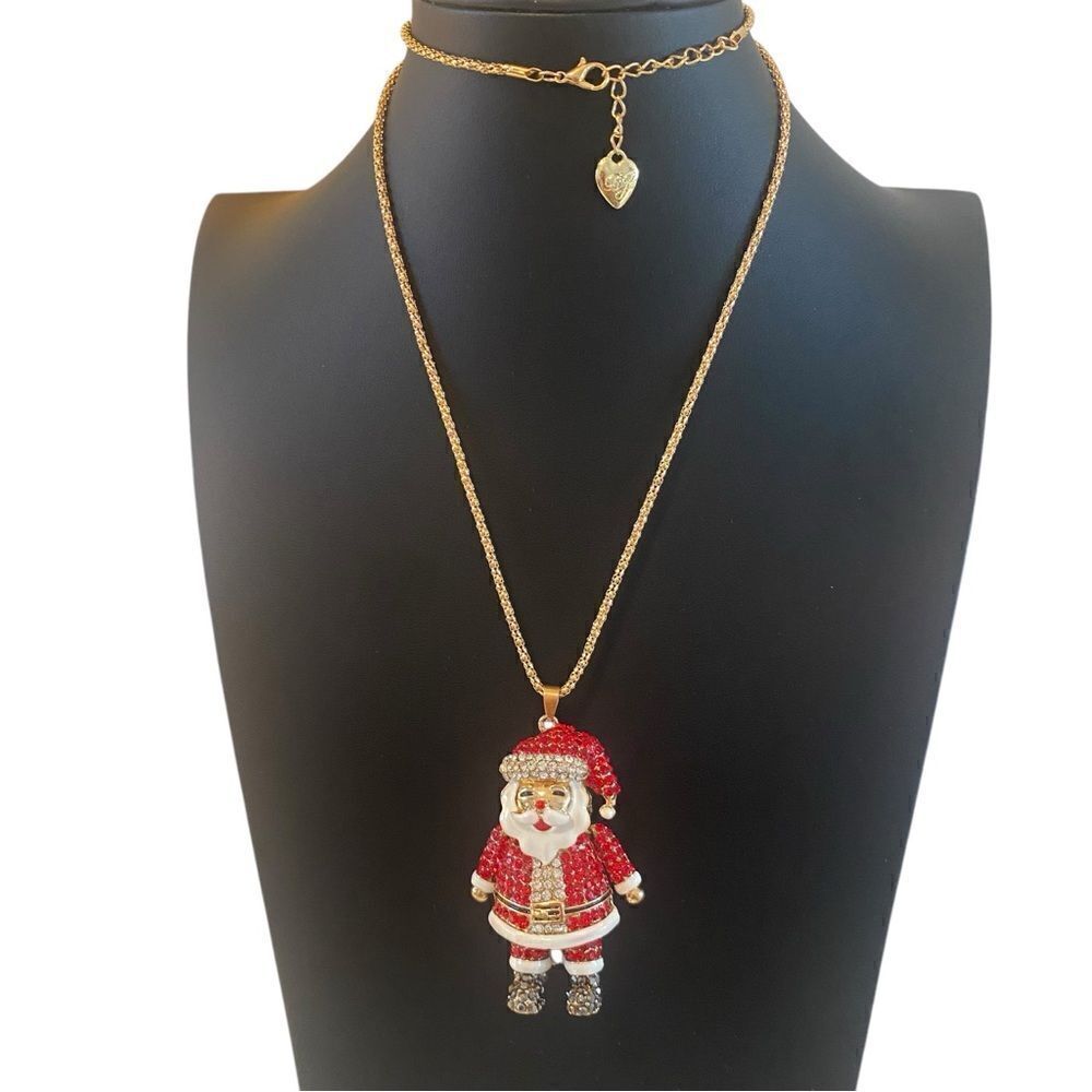 Sparkly Red Santa Claus Pendant on Long Gold Toned Chain.